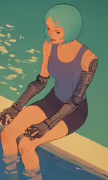 a woman sitting next to a body of water wearing a diving suit and scubas