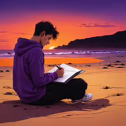 a man with purple jacket sitting on beach next to ocean,a boy sitting on the beach holding a pen and writing in an open notebook