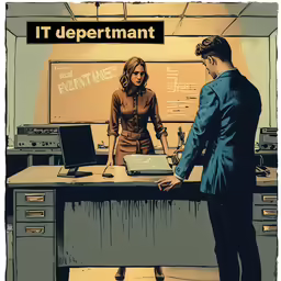 an animation of a woman standing at a desk talking to a man