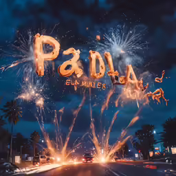 fireworks are lit from behind a large sign
