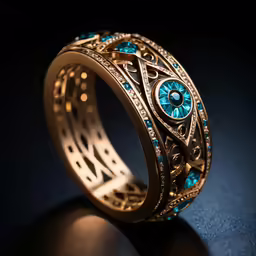 an ornate ring with a blue eye is shown on a black surface