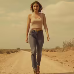 a woman walking down the road with her hands in her pockets