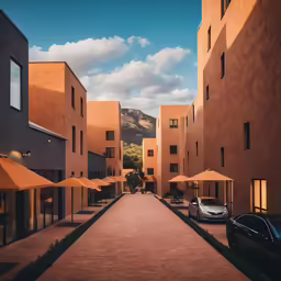 two cars are parked near two buildings