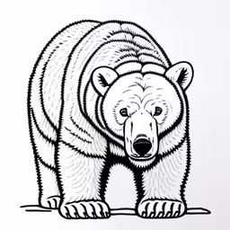 a bear drawn in black on white paper,a drawing of a bear that is on a wall,a bear that has been placed on a white background,a brown bear standing on one leg in front of white paper,a bear print on white paper with black outline
