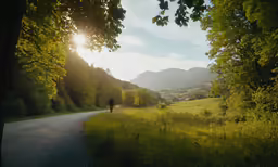 a person walks down a road as the sun is setting