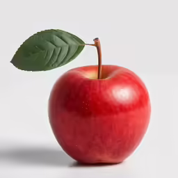 a single apple has a green leaf on it