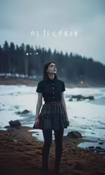 an attractive woman in black dress on sandy beach with a sea view