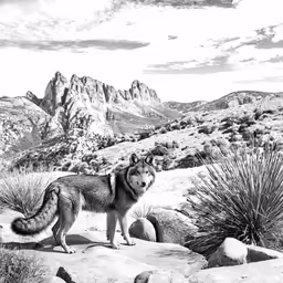 a wolf on the rocky edge looking at something in the distance