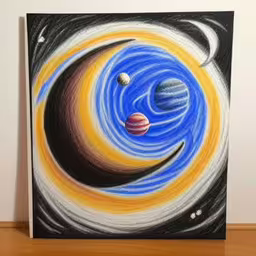 an abstract space painting is displayed on a wall,a canvas sitting on top of a wood floor,a painting with some sort of painting and it is very colorful,a small painting is sitting on the table,an acrylic painting depicting three planets in orbit