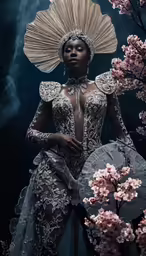 a woman in a fancy gown with an umbrella