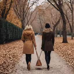 two women are walking down the path in the park