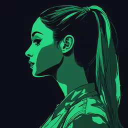 a girl with a ponytail looking to her right,a woman with ponytail hair in green tones