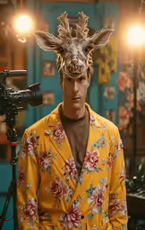 a man with deer head wearing a bright yellow suit