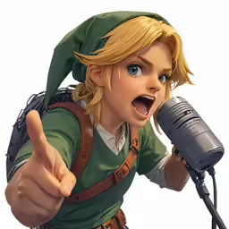 link is speaking into a microphone with his head tilted to the side
