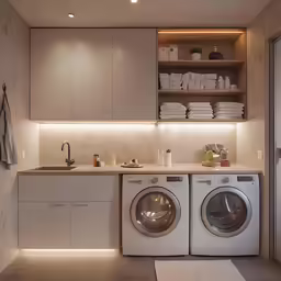 a washer and dryer are sitting in a small kitchen