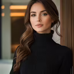 woman in a black turtle neck sweater leaning against a wall