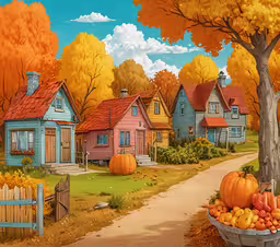 there is a large pumpkin and a crate with apples by the fall season,a painting of fall houses and trees with pumpkins in a basket on the sidewalk