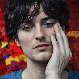 a close up of a man in front of a carpet with flowers on it