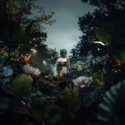 a picture of a space station in the middle of bushes and flowers