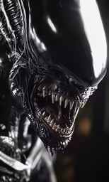 a creepy looking alien wearing black with mouth open