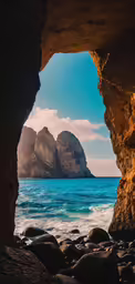 an ocean view through a hole in the rocky shoreline