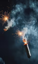 someone holding a small lit device in their hand while the fireworks start to light up the sky