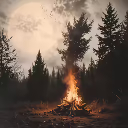 a fire burning in the dark in a forest