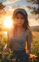 a woman standing in a field with a hat on her head