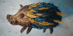 a small animal with colorful feathers is swimming