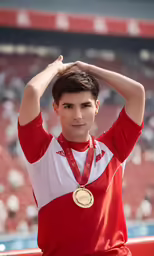 a young male holding his head in front of a stadium