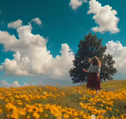 a woman in a skirt and a tree stands in a field