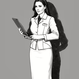 a woman is dressed in a skirt suit and holding a laptop computer