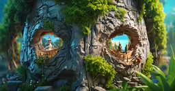a view of a fake tree with two faces