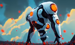 a robot standing in a field full of red flowers