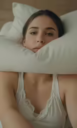 a young woman resting in her bed with her pillow on her head