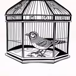 this bird in a cage is perched on the ground,the bird is inside a cage while its shadow is on the ground,a black and white drawing of a bird inside of a cage,bird in a cage by arty,a bird inside a cage that has two birds inside
