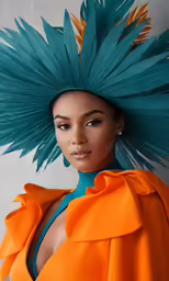the top model wears an orange outfit with blue feathers