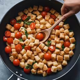 someone is spooning some sliced tomato into a pan