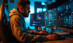 a man sitting in front of two monitors, with their faces obscured by shadows