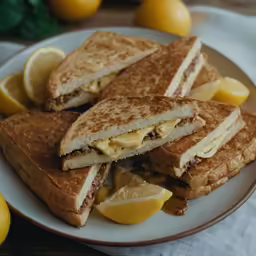 a plate with three slices of toasted sandwiches next to lemons