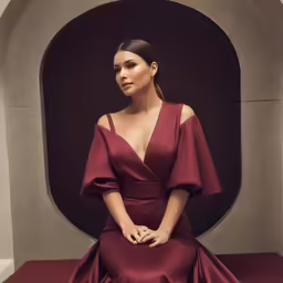 a woman in a dress sitting on a bench