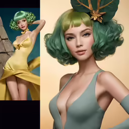 a digital painting of an old - fashioned woman in yellow and green hair