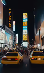 yellow cabs on street lined with people and billboards