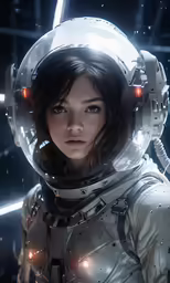 a woman wearing an astronaut suit is holding a light saber