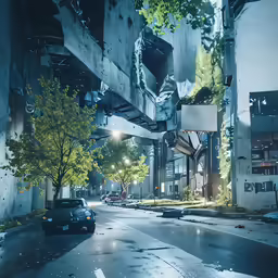 a car driving down a wet city street