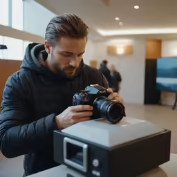 a man looking at his camera in the foreground, near a small electronic device that he is holding up