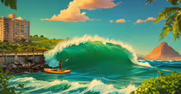 a person riding on top of a wave in the ocean,a painting of a man on a canoe next to the ocean