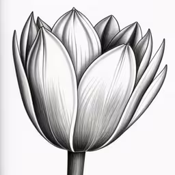 a black and white drawing of a flower,the drawing of a large, white flower is shown,this is a picture of a white flower,a drawing of a single tulip on a white background,this black and white drawing shows an artichoke flower