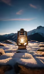 a light is sitting on some rocks covered with snow