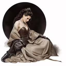 a woman in a dress and cape sits with her hair in a bun and black gloves
